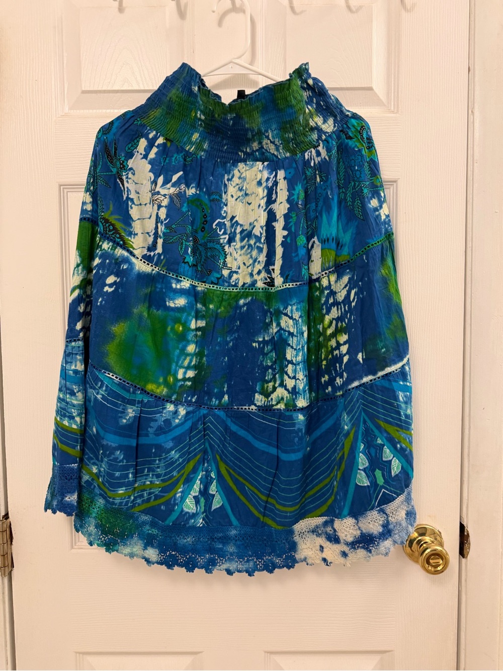 Blue & Green Boho Tiered Midi Tie-Dye Smocked Skirt size M New